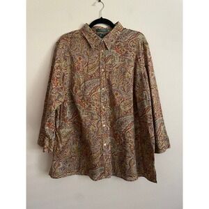 VTG Lauren Ralph Lauren Floral Paisley Button Down Shirt 3/4 Sleeve 2X Bohemian